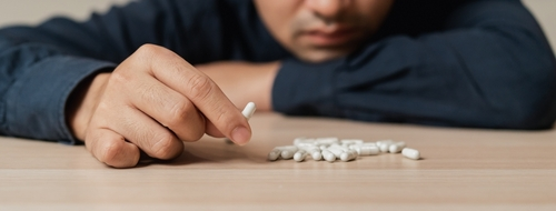 person holding a pill with more pills laying on table 