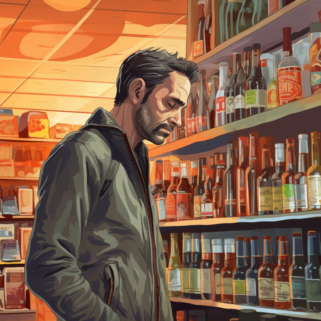 recovering alcoholic staring at liquor shelf