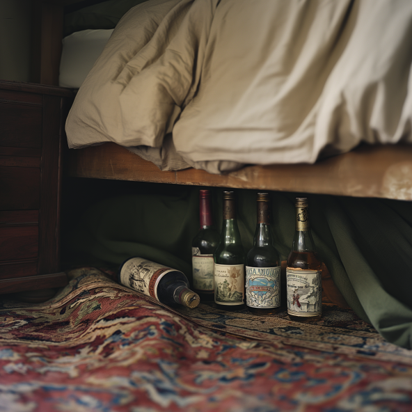 bottles of liquor under the bed