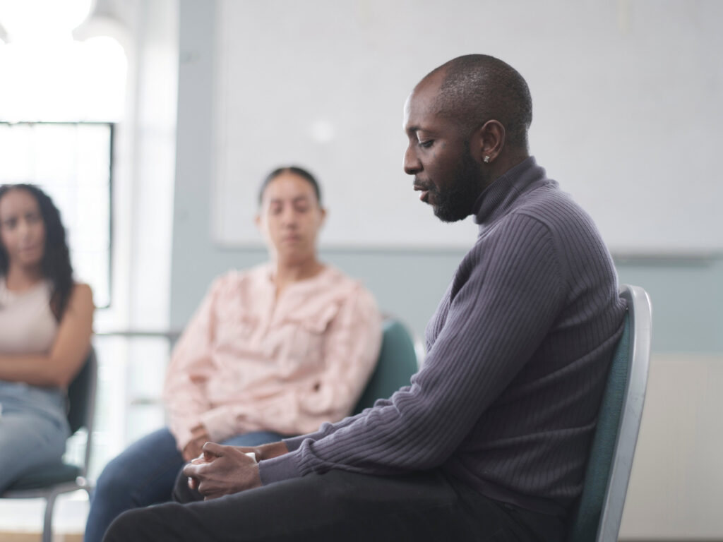 Therapy group talking at rockland rehab.